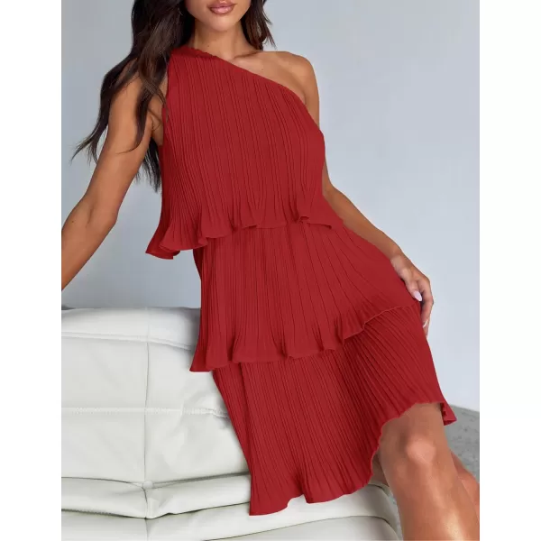 imageZESICA Womens 2024 Summer Sleeveless Mini Dress Boho One Shoulder Ruffle Tiered Layered Chiffon Flowy A Line DressesRed