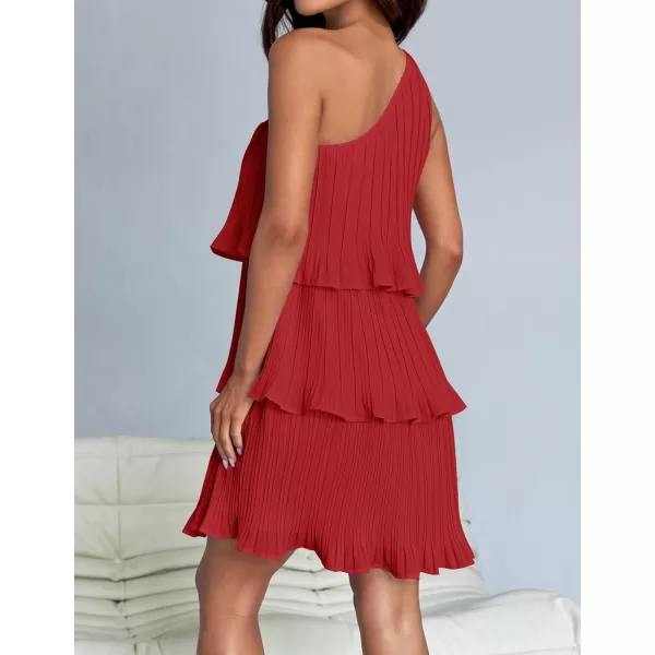 imageZESICA Womens 2024 Summer Sleeveless Mini Dress Boho One Shoulder Ruffle Tiered Layered Chiffon Flowy A Line DressesRed