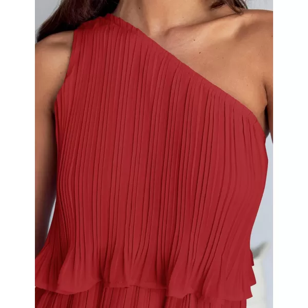 imageZESICA Womens 2024 Summer Sleeveless Mini Dress Boho One Shoulder Ruffle Tiered Layered Chiffon Flowy A Line DressesRed