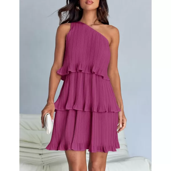 imageZESICA Womens 2024 Summer Sleeveless Mini Dress Boho One Shoulder Ruffle Tiered Layered Chiffon Flowy A Line DressesRose