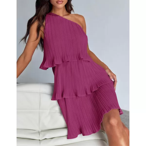 imageZESICA Womens 2024 Summer Sleeveless Mini Dress Boho One Shoulder Ruffle Tiered Layered Chiffon Flowy A Line DressesRose