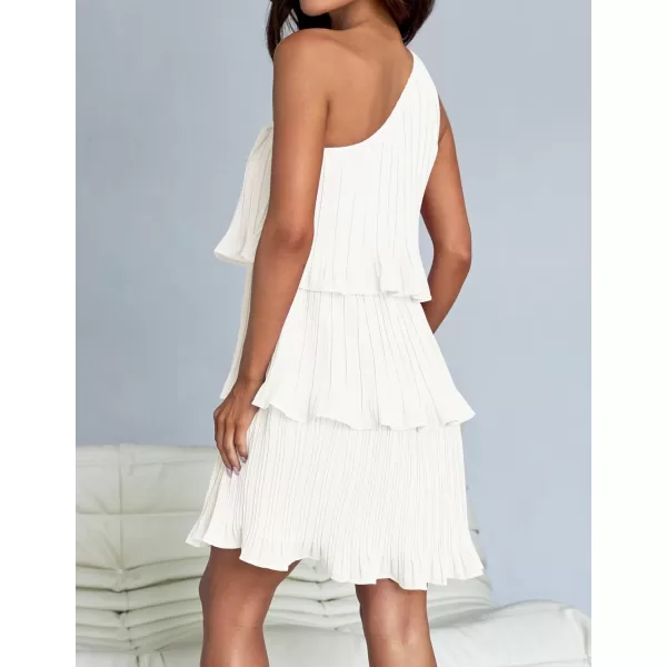 imageZESICA Womens 2024 Summer Sleeveless Mini Dress Boho One Shoulder Ruffle Tiered Layered Chiffon Flowy A Line DressesWhite