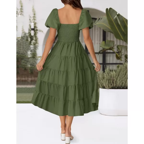 imageZESICA Womens 2024 Summer Square Neck Short Puff Sleeve Solid Color High Waist Casual Smocked Flowy A Line Tiered Midi DressArmy Green