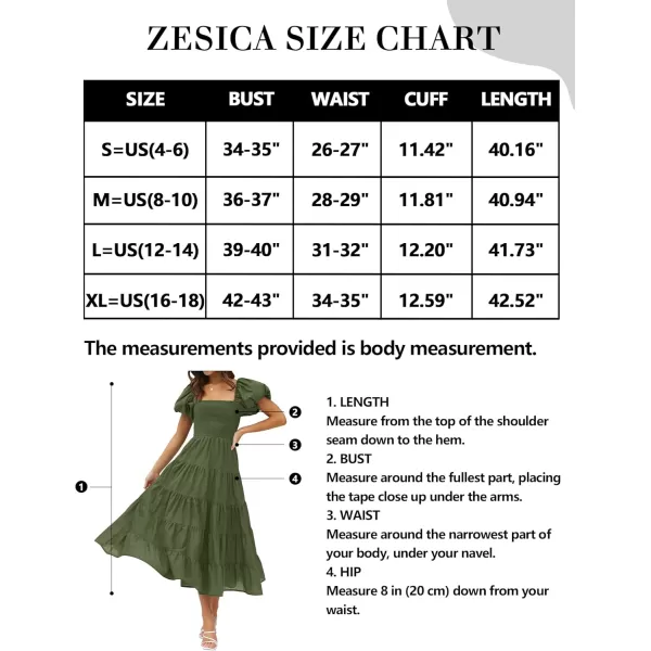imageZESICA Womens 2024 Summer Square Neck Short Puff Sleeve Solid Color High Waist Casual Smocked Flowy A Line Tiered Midi DressArmy Green