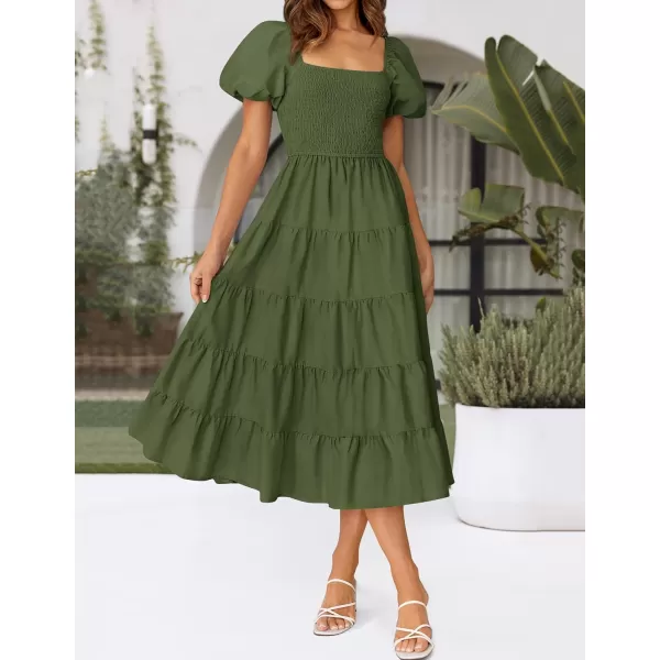 imageZESICA Womens 2024 Summer Square Neck Short Puff Sleeve Solid Color High Waist Casual Smocked Flowy A Line Tiered Midi DressArmy Green