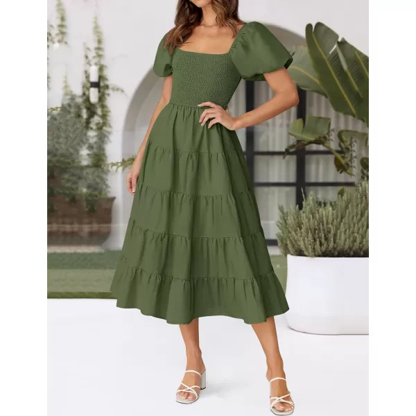 imageZESICA Womens 2024 Summer Square Neck Short Puff Sleeve Solid Color High Waist Casual Smocked Flowy A Line Tiered Midi DressArmy Green