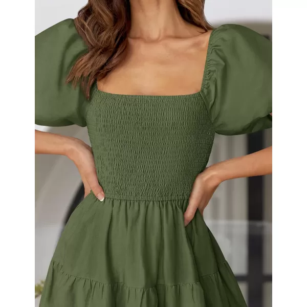 imageZESICA Womens 2024 Summer Square Neck Short Puff Sleeve Solid Color High Waist Casual Smocked Flowy A Line Tiered Midi DressArmy Green