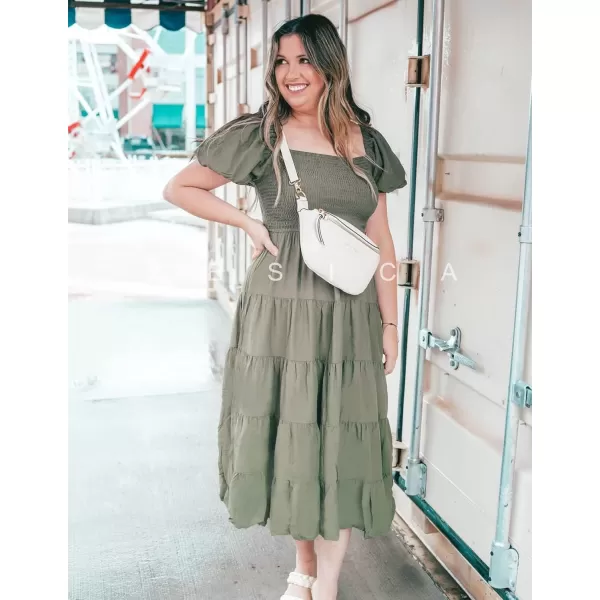 imageZESICA Womens 2024 Summer Square Neck Short Puff Sleeve Solid Color High Waist Casual Smocked Flowy A Line Tiered Midi DressArmy Green