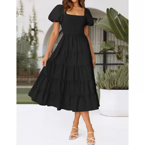 imageZESICA Womens 2024 Summer Square Neck Short Puff Sleeve Solid Color High Waist Casual Smocked Flowy A Line Tiered Midi DressBlack