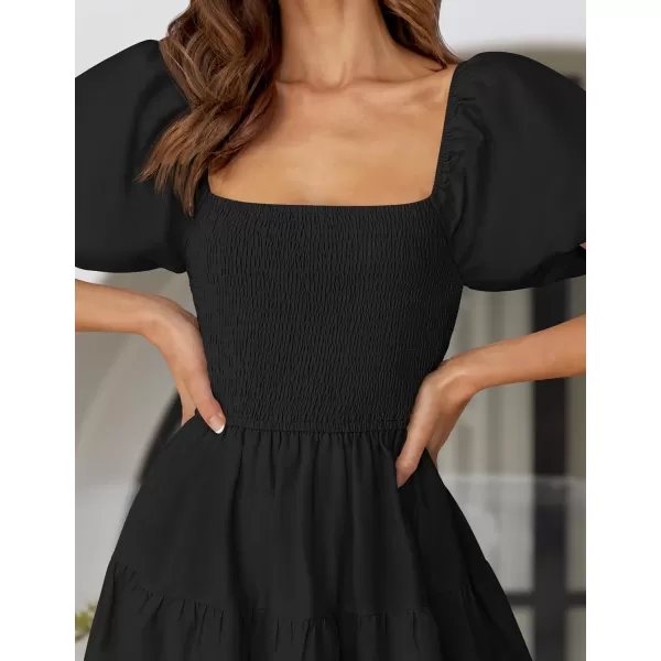 imageZESICA Womens 2024 Summer Square Neck Short Puff Sleeve Solid Color High Waist Casual Smocked Flowy A Line Tiered Midi DressBlack