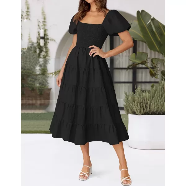 imageZESICA Womens 2024 Summer Square Neck Short Puff Sleeve Solid Color High Waist Casual Smocked Flowy A Line Tiered Midi DressBlack