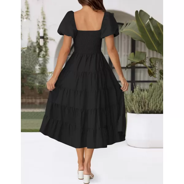 imageZESICA Womens 2024 Summer Square Neck Short Puff Sleeve Solid Color High Waist Casual Smocked Flowy A Line Tiered Midi DressBlack