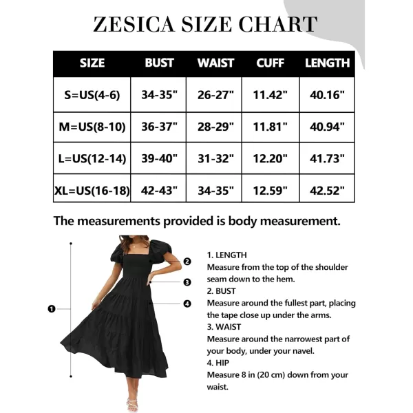 imageZESICA Womens 2024 Summer Square Neck Short Puff Sleeve Solid Color High Waist Casual Smocked Flowy A Line Tiered Midi DressBlack