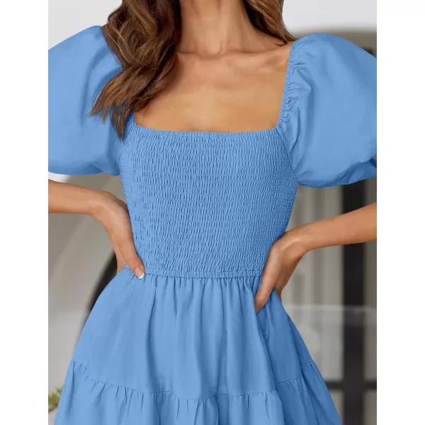 imageZESICA Womens 2024 Summer Square Neck Short Puff Sleeve Solid Color High Waist Casual Smocked Flowy A Line Tiered Midi DressBlue