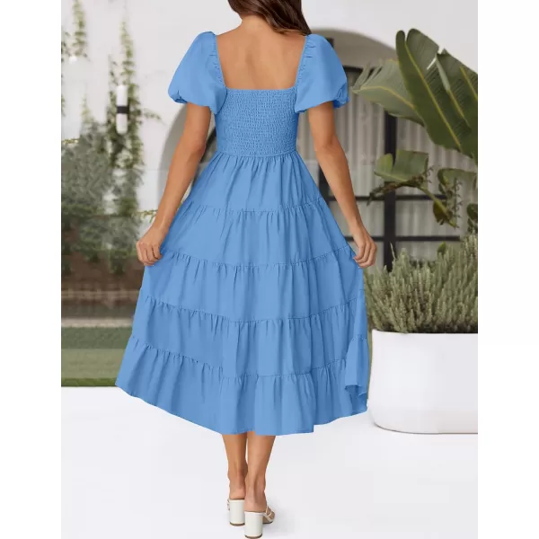 imageZESICA Womens 2024 Summer Square Neck Short Puff Sleeve Solid Color High Waist Casual Smocked Flowy A Line Tiered Midi DressBlue
