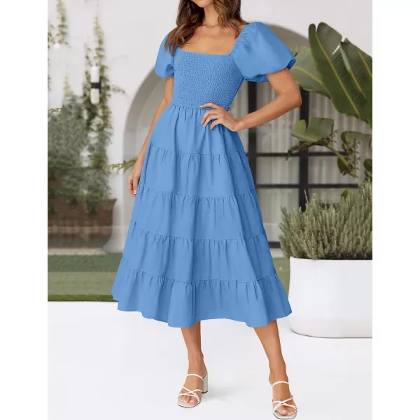 imageZESICA Womens 2024 Summer Square Neck Short Puff Sleeve Solid Color High Waist Casual Smocked Flowy A Line Tiered Midi DressBlue