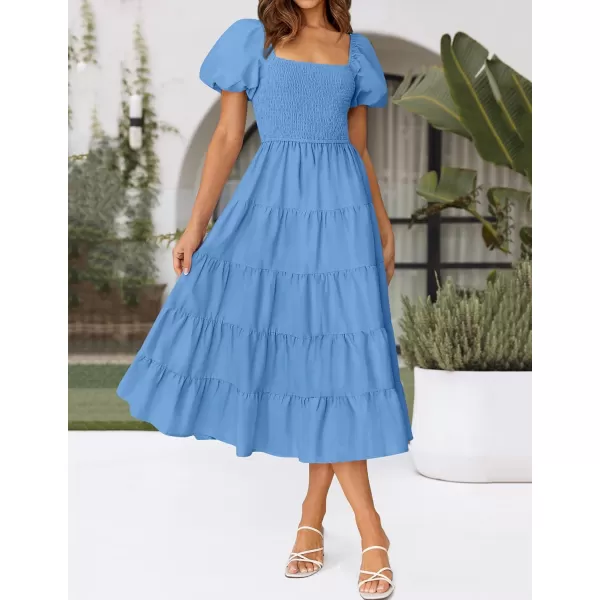 imageZESICA Womens 2024 Summer Square Neck Short Puff Sleeve Solid Color High Waist Casual Smocked Flowy A Line Tiered Midi DressBlue