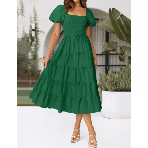 imageZESICA Womens 2024 Summer Square Neck Short Puff Sleeve Solid Color High Waist Casual Smocked Flowy A Line Tiered Midi DressForest Green