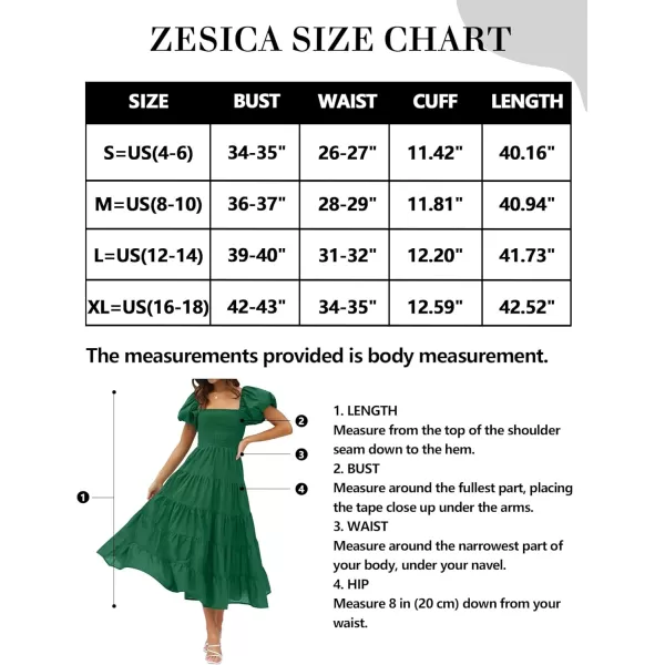 imageZESICA Womens 2024 Summer Square Neck Short Puff Sleeve Solid Color High Waist Casual Smocked Flowy A Line Tiered Midi DressForest Green