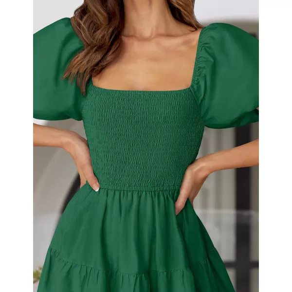 imageZESICA Womens 2024 Summer Square Neck Short Puff Sleeve Solid Color High Waist Casual Smocked Flowy A Line Tiered Midi DressForest Green
