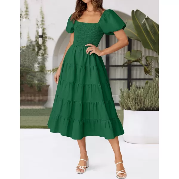 imageZESICA Womens 2024 Summer Square Neck Short Puff Sleeve Solid Color High Waist Casual Smocked Flowy A Line Tiered Midi DressForest Green