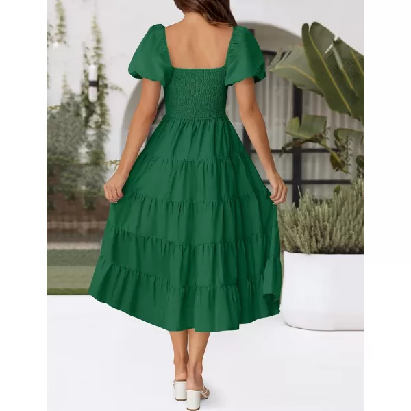 imageZESICA Womens 2024 Summer Square Neck Short Puff Sleeve Solid Color High Waist Casual Smocked Flowy A Line Tiered Midi DressForest Green
