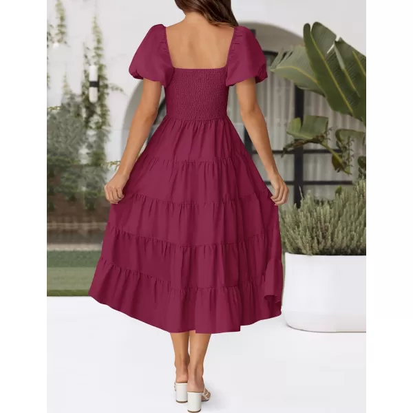 imageZESICA Womens 2024 Summer Square Neck Short Puff Sleeve Solid Color High Waist Casual Smocked Flowy A Line Tiered Midi DressFuchsia