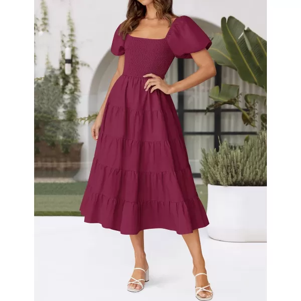 imageZESICA Womens 2024 Summer Square Neck Short Puff Sleeve Solid Color High Waist Casual Smocked Flowy A Line Tiered Midi DressFuchsia