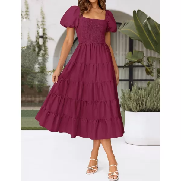 imageZESICA Womens 2024 Summer Square Neck Short Puff Sleeve Solid Color High Waist Casual Smocked Flowy A Line Tiered Midi DressFuchsia