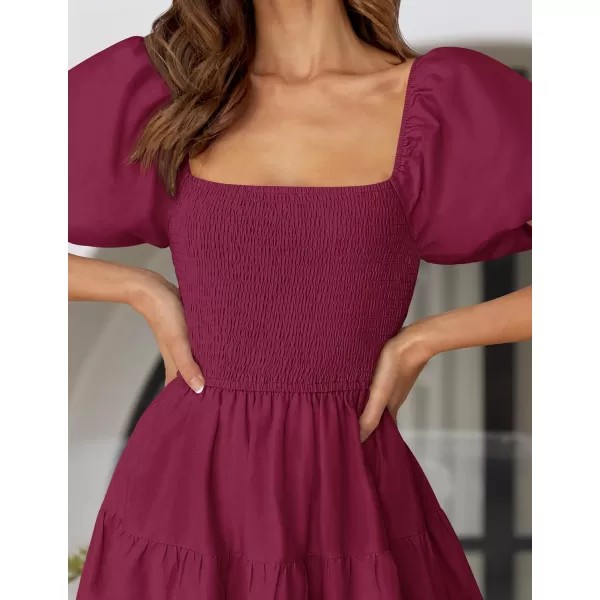 imageZESICA Womens 2024 Summer Square Neck Short Puff Sleeve Solid Color High Waist Casual Smocked Flowy A Line Tiered Midi DressFuchsia