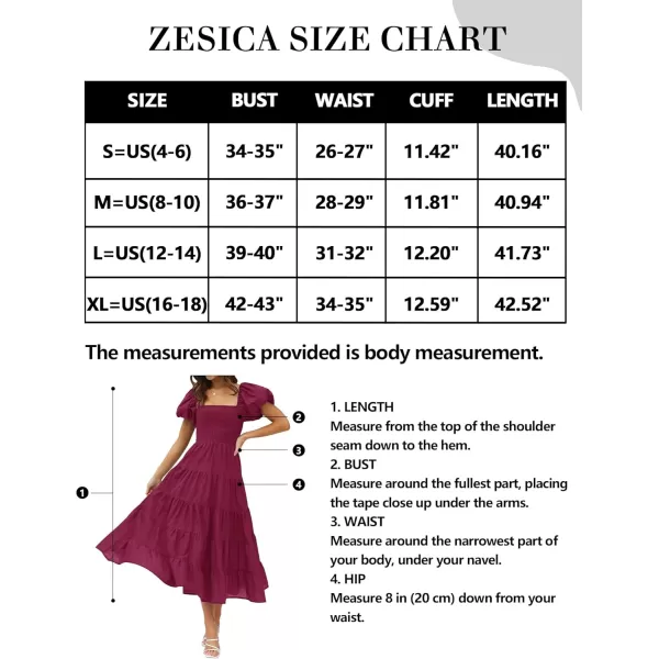 imageZESICA Womens 2024 Summer Square Neck Short Puff Sleeve Solid Color High Waist Casual Smocked Flowy A Line Tiered Midi DressFuchsia