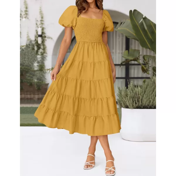 imageZESICA Womens 2024 Summer Square Neck Short Puff Sleeve Solid Color High Waist Casual Smocked Flowy A Line Tiered Midi DressGinger