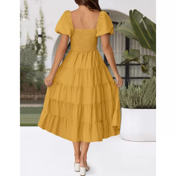 imageZESICA Womens 2024 Summer Square Neck Short Puff Sleeve Solid Color High Waist Casual Smocked Flowy A Line Tiered Midi DressGinger