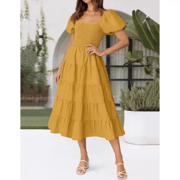 imageZESICA Womens 2024 Summer Square Neck Short Puff Sleeve Solid Color High Waist Casual Smocked Flowy A Line Tiered Midi DressGinger