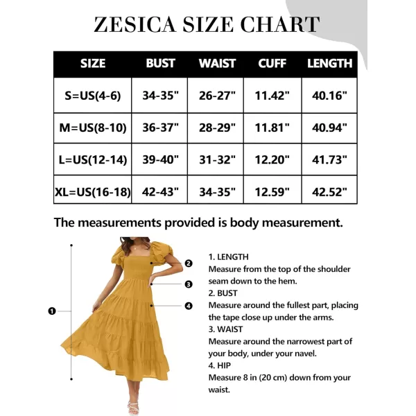 imageZESICA Womens 2024 Summer Square Neck Short Puff Sleeve Solid Color High Waist Casual Smocked Flowy A Line Tiered Midi DressGinger