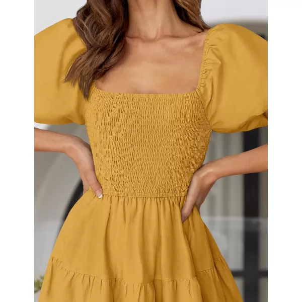 imageZESICA Womens 2024 Summer Square Neck Short Puff Sleeve Solid Color High Waist Casual Smocked Flowy A Line Tiered Midi DressGinger
