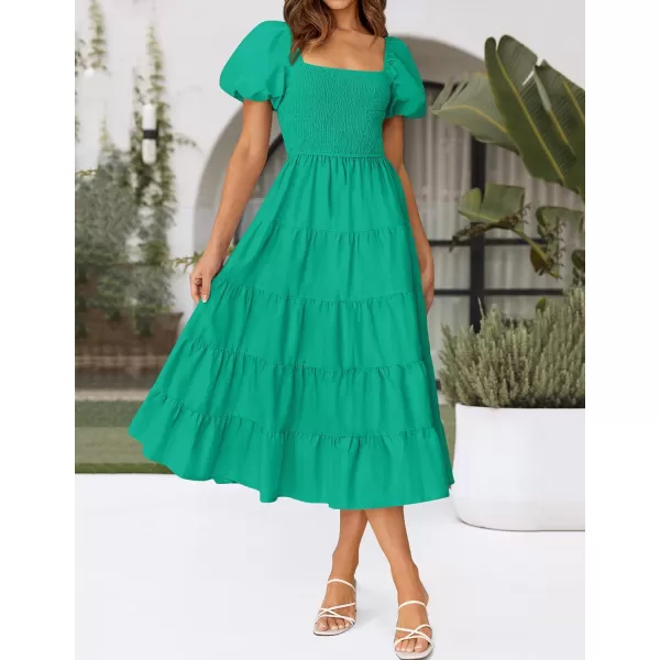 imageZESICA Womens 2024 Summer Square Neck Short Puff Sleeve Solid Color High Waist Casual Smocked Flowy A Line Tiered Midi DressGreen
