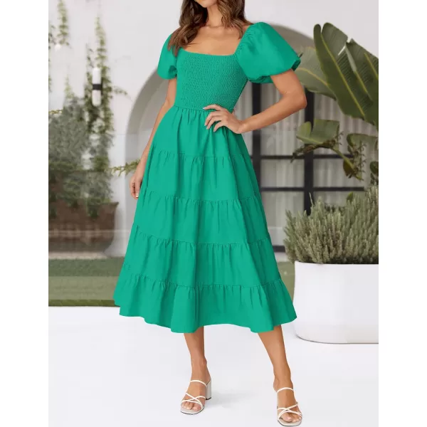 imageZESICA Womens 2024 Summer Square Neck Short Puff Sleeve Solid Color High Waist Casual Smocked Flowy A Line Tiered Midi DressGreen