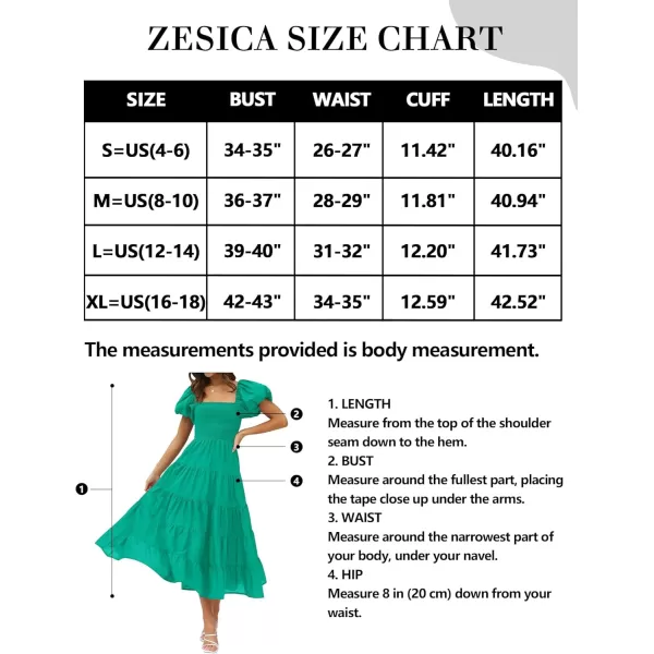 imageZESICA Womens 2024 Summer Square Neck Short Puff Sleeve Solid Color High Waist Casual Smocked Flowy A Line Tiered Midi DressGreen