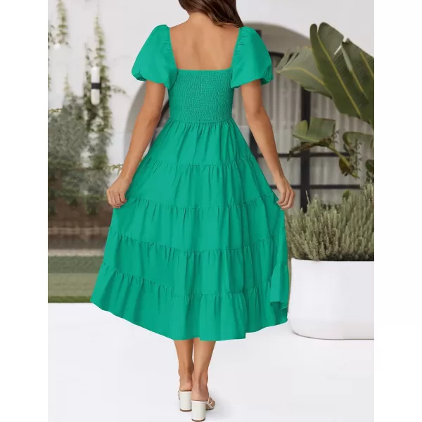 imageZESICA Womens 2024 Summer Square Neck Short Puff Sleeve Solid Color High Waist Casual Smocked Flowy A Line Tiered Midi DressGreen