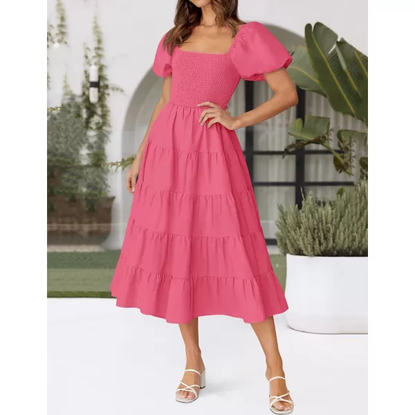 imageZESICA Womens 2024 Summer Square Neck Short Puff Sleeve Solid Color High Waist Casual Smocked Flowy A Line Tiered Midi DressHot Pink