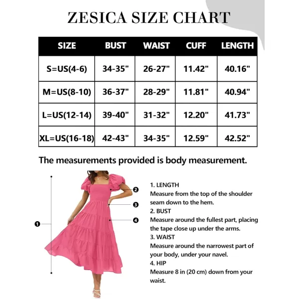 imageZESICA Womens 2024 Summer Square Neck Short Puff Sleeve Solid Color High Waist Casual Smocked Flowy A Line Tiered Midi DressHot Pink