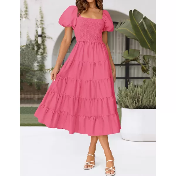 imageZESICA Womens 2024 Summer Square Neck Short Puff Sleeve Solid Color High Waist Casual Smocked Flowy A Line Tiered Midi DressHot Pink