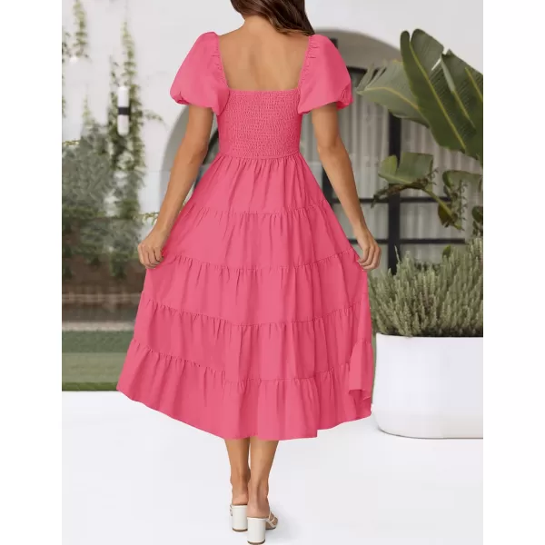imageZESICA Womens 2024 Summer Square Neck Short Puff Sleeve Solid Color High Waist Casual Smocked Flowy A Line Tiered Midi DressHot Pink