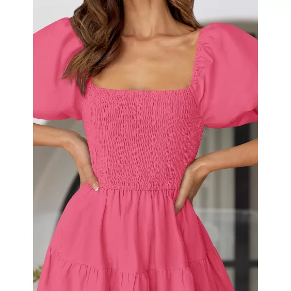 imageZESICA Womens 2024 Summer Square Neck Short Puff Sleeve Solid Color High Waist Casual Smocked Flowy A Line Tiered Midi DressHot Pink