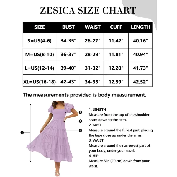 imageZESICA Womens 2024 Summer Square Neck Short Puff Sleeve Solid Color High Waist Casual Smocked Flowy A Line Tiered Midi DressLight Purple