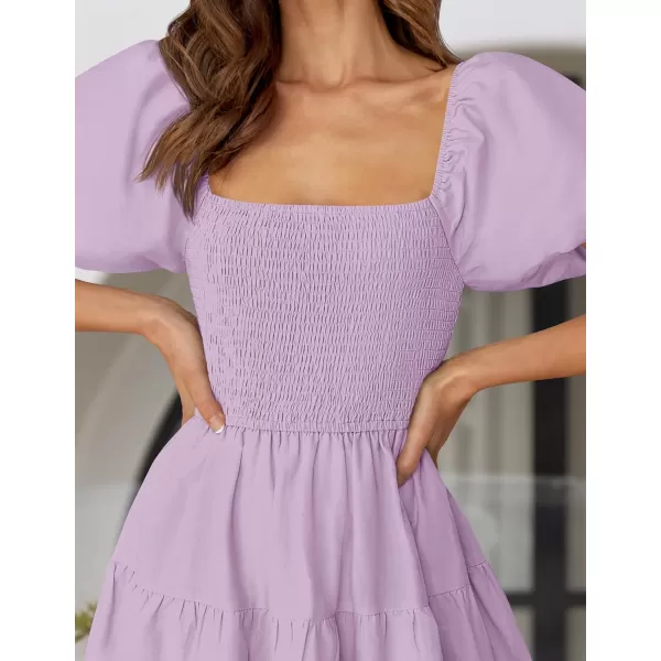 imageZESICA Womens 2024 Summer Square Neck Short Puff Sleeve Solid Color High Waist Casual Smocked Flowy A Line Tiered Midi DressLight Purple