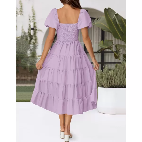 imageZESICA Womens 2024 Summer Square Neck Short Puff Sleeve Solid Color High Waist Casual Smocked Flowy A Line Tiered Midi DressLight Purple