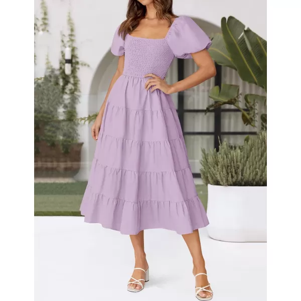 imageZESICA Womens 2024 Summer Square Neck Short Puff Sleeve Solid Color High Waist Casual Smocked Flowy A Line Tiered Midi DressLight Purple