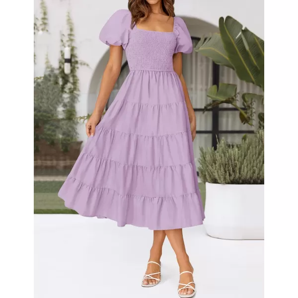 imageZESICA Womens 2024 Summer Square Neck Short Puff Sleeve Solid Color High Waist Casual Smocked Flowy A Line Tiered Midi DressLight Purple